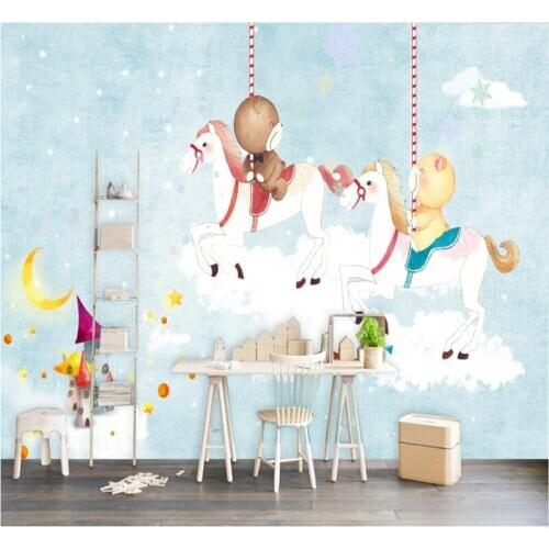 Custom wallpaper mural simple hand-painted fresh dreamy bear trojan cartoon background wall decoration painting