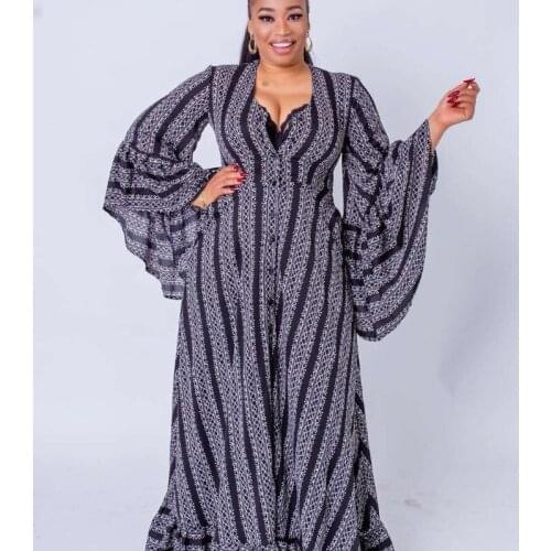 Autumn Fashion African Women Long Sleeve V-neck Black Color Plus Size Long Dress African Clothing African Dresses for Women