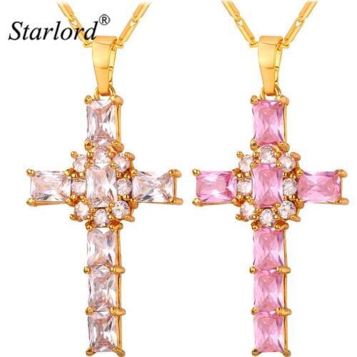 Starlord Crystal Cross Pendant Necklace Cubic Zirconia For Women Religious Jewelry Gift Clear/Pink Necklaces Wholesale P249