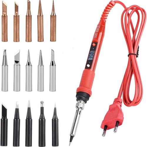 Red 110V 220V 80W LCD Soldering Iron Kit Adjustable Temperature Solder Welding Tools Ceramic Heater Soldering Tips Copper Tip