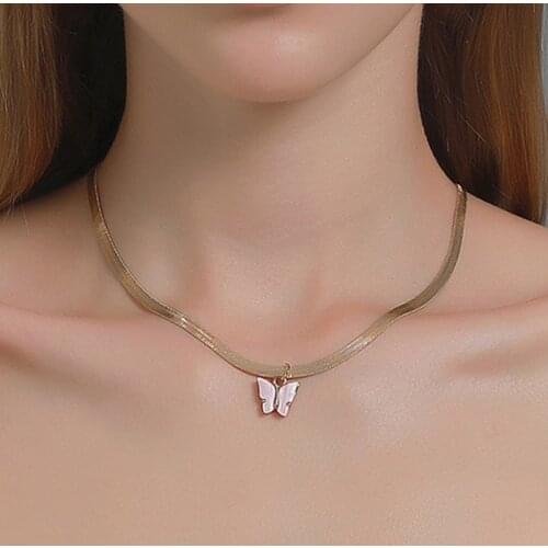 Simple Mini Butterfly Pendant Necklace for Women Candy Color Statement Snake Chain Clavicle Necklace Jewelry Gifts