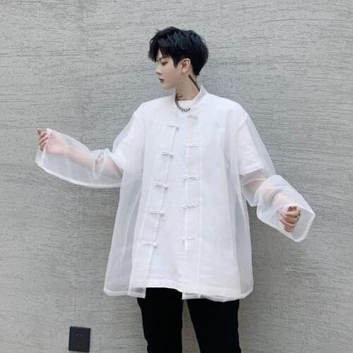 Chinese Style Shirts Men Streetwear Hip Hop Loose Casual Vintage Fashion Long Sleeve Thin Mesh Shirts Cardigan Tops Women Shirt