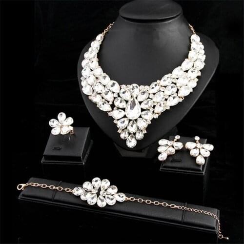 Crystal Necklace Earrings Bracelet Ring Bridal African Jewelry Set Statement Chunky Rhinestone Choker Women Wedding Party Collar