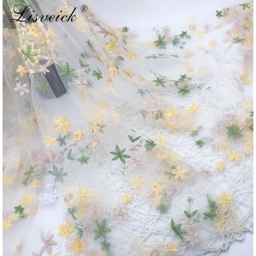 New mesh embroidered tulle fabric small yellow flower embroidered lace fabric Diy womens and childrens dress fabric