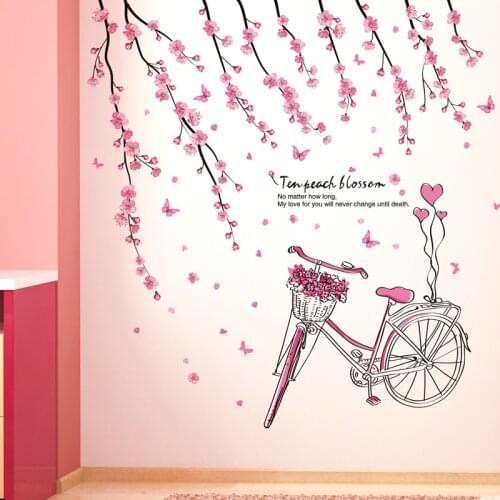 Peach Flowers Wall Stickers DIY Plants Bike Wall Decals for Living Room Bedroom Kitchen Home Wedding Decoration Accessories