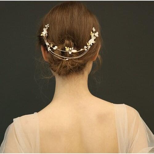 SLBRIDAL Handmade Gold Crystal Rhinestone Pearls Floral Wedding Headband Hair Comb Chain Bridal Hair Accessories Women Jewelry