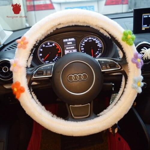 Wool flower decoration white wool steering wheel cover girls winter warm universal set