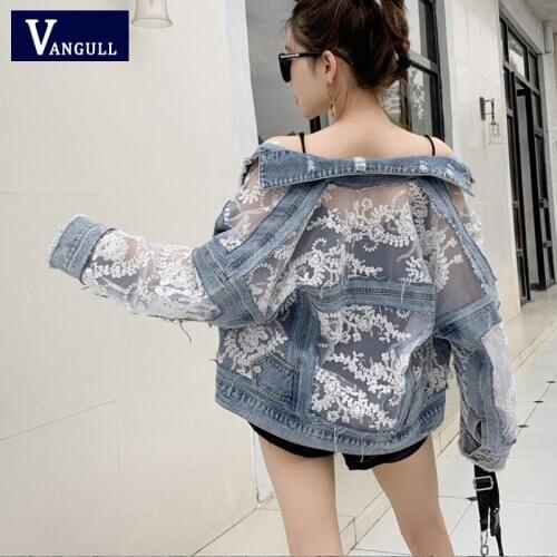 Vangull 2020 New Summer Long Sleeve Large Size Jeans Jackets Womens Coat Loose Lace Patchwork top Jacket Ladies denim coat