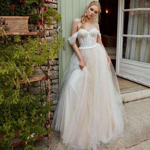 Eightree Boho Wedding Dresses 2021 Off Shoulder Lace A-Line Princess Vintage Bridal Dress Tulle Light Champagne Wedding Gowns