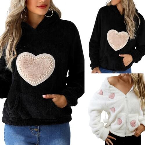 Love Heart Pattern Women Hooded Sweatshirt Warm Plush Hooded Coat Hoodies Sweatshirts for Women Pullover Outerwear Black/White