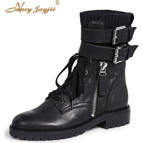 Black Winter Ladies Ankle Boots Round Toe Square Heel Buckle Strap Zipper Shoes Woman Army Military 2019 Lace up Plus Size 12 15