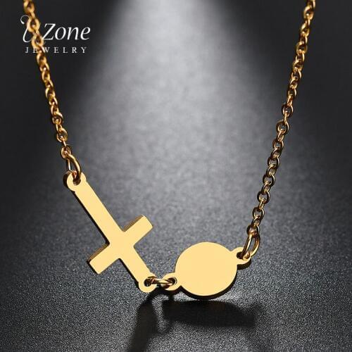 UZone Gold Cross Round Pendant Necklace for Women Fashion Metal Style Christ Charm Minimalist Chain Necklace Jewelry