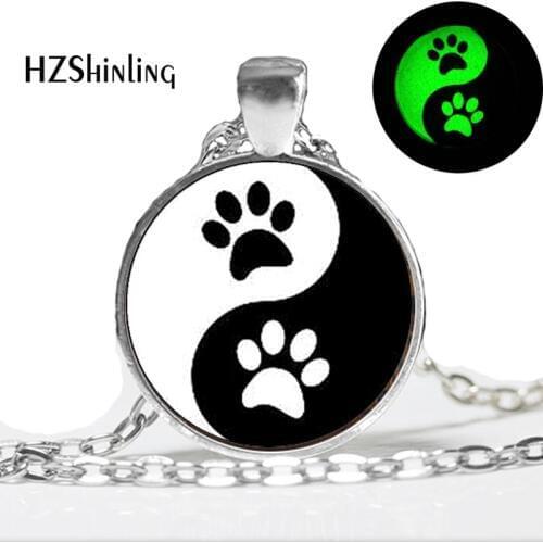 Glow in the dark Necklace Ying Yang Necklace Glass Tile Necklace Dogs prints Black and White art photo glass glowing jewelry