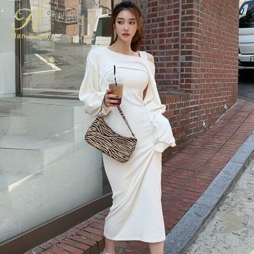 H Han Queen 2021 New 2 Pieces Pencil Dress Womens Autumn Fashion Korean Slim Work Party Dresses Long Bodycon Sheath Vestidos