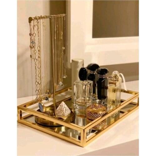 Gold Color Delicate Jewelry Storage Tray Glass Mirror Gold Rectangular Decorative Mirrored Presentation Tray 30x40 Cm Metal