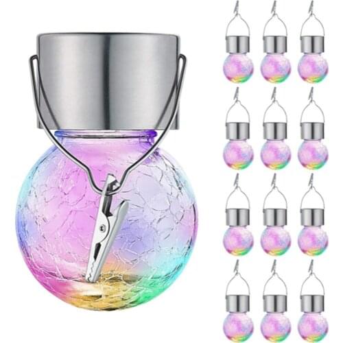 12 Pack Hanging Solar Lights Changing Cracked Glass Hanging Ball Lights Waterproof Outdoor Solar Lanterns for Garden Patio Lawn