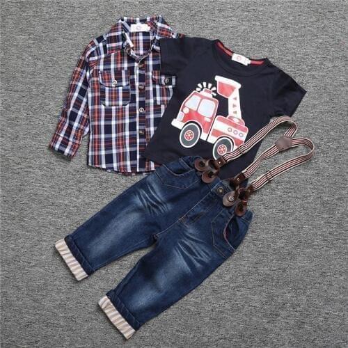 Hooyi 3pcs Boys Clothing Set Plaid Shirt Car T-shirt Suspender Jeans Pants Suit Fire Engine Tops Tee for Kids Trousers Overall