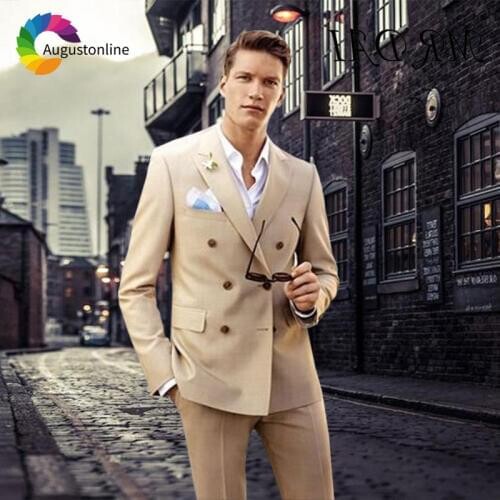 Double Breasted Champagne Wedding Suits for Men Blazer Masculino Jacket Pants 2Piece Peaked Lapel Slim Fit Groom Tuxedo