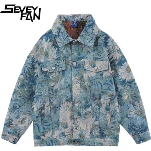 SEVEYFAN Mens Vintage Canvas Flower Printed Denim Jacket Harajuku Loose Patchwork Jean Coat Streetwear for Couples