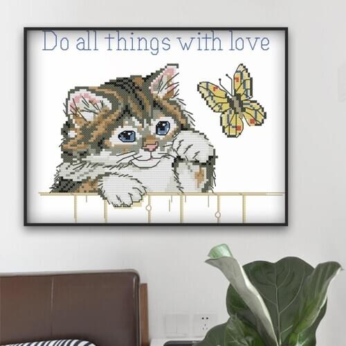 1 Set Cat Butterfly - Stamped & Counted Cross Stitch Kits DIY 11CT / 14CT