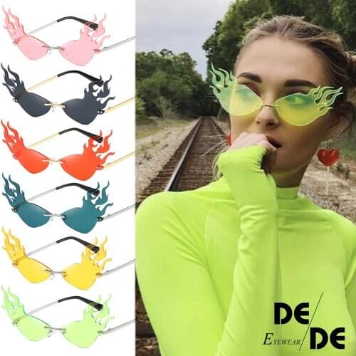 Fashion Fire Wave Flame Sunglasses Women Men Rimless Sun Glasses Eyewear Luxury Trending Wide Side Party Sunglasses Streetwear