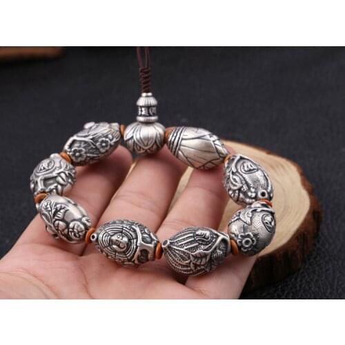 Solid 925 Sterling Silver Mens flower Buddha bead bracelet bangle Jewelry A5662