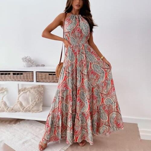Sexy Backless Women Maxi Dress Summer Bohemian Strap Sleeveless Print Sundress Vintage Casual Ladies Beach Dresses Femme Vestido