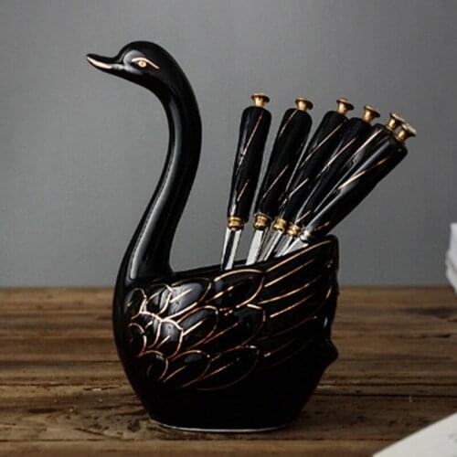 Portable Cutlery Set Tableware 2 Spoon 4 Fork with Ceramic Swan Stand Holder Dinnerware Kitchen Dinner Set Cake Dessert