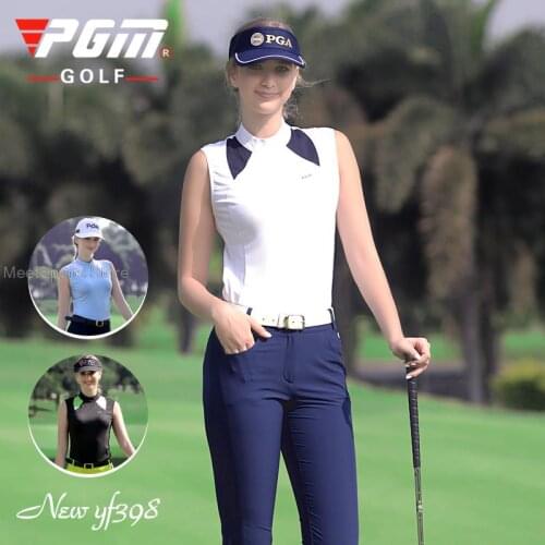 Pgm Golf Sleeveless Shirts For Women Ladys Patchwork Golf Shirt Summer Cooling Sportswear Slim Quick Dry Polo Tank Tops 3 Color