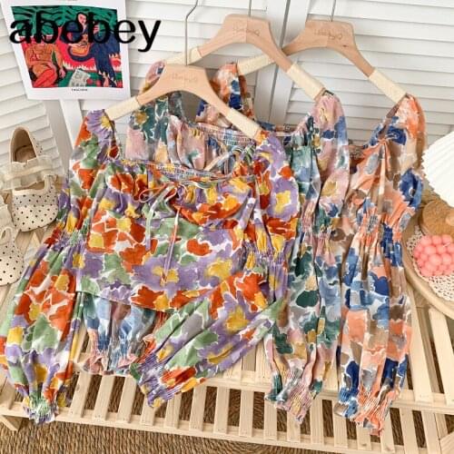 Temperament Versatile square collar puff sleeve Shirt lace up bow high waist short Floral Shirt Top 2021 New Summer