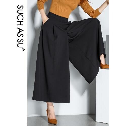 SUCH AS SU Autumn Winter Ankle-Length Trousers For Women 2019 Black High Waist Wide Leg Pants S-3XL Size Loose Office Lady Pants