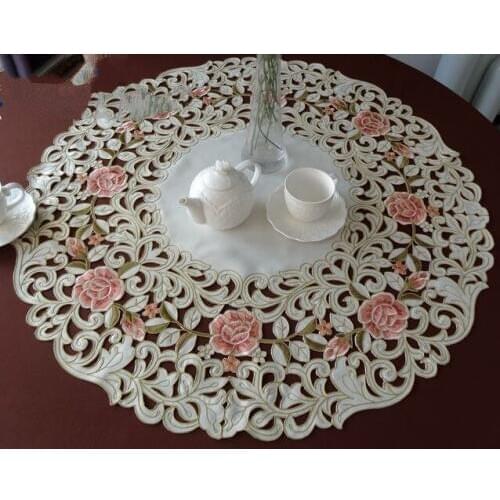 Peach roses High-end luxury embroidery cloth art European style The round table cloth 85*85cm The table cloth Dust cloth