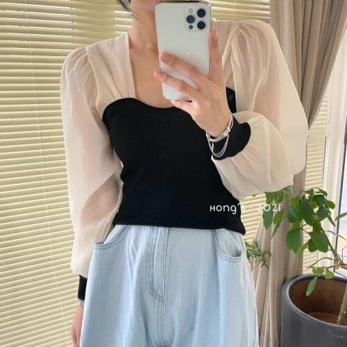 Vintage French Knitted Blouse Women Square Collar Puff Sleeve Patchwork Blouse Elegant Shirts Tops blouses femme