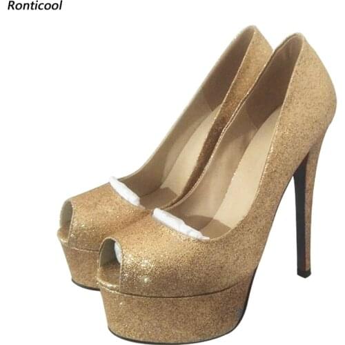 Ronticool Women Summer Platform Pumps Glitter Sexy Stiletto Heels Peep Toe Gorgeous Gold Club Wear Shoes Women US Plus Size 5-20