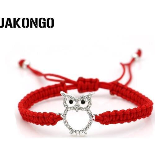 JAKONGO Crystal Owl Charm Bracelet Braided Red Rope Bracelet for Women Men Adjustable Handmade Bracelet
