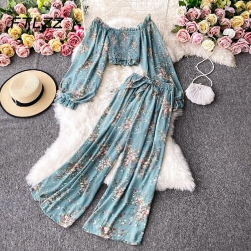 Summer Chiffon Outfits Women Boho Two Piece Sets Sexy Off Shoulder Crop Shirts Blouse and Wide Leg Pants Suits Beach Clothing