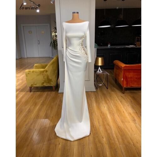 Robe De Soiree White Evening Dresses 2020 Long Muslim Celebrity Dresses Evening Wear Flowers Beading Wedding Party Dress Women