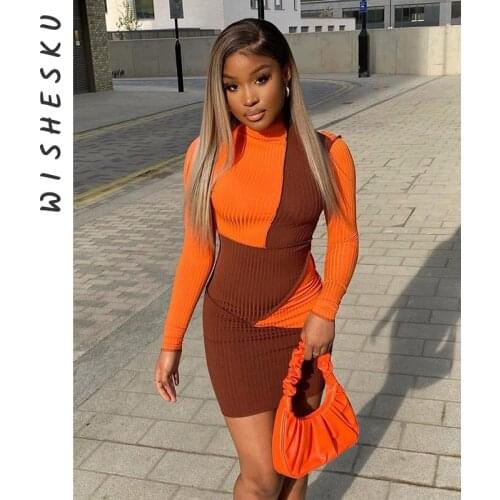 Women Color Blocking Patchwork Bodycon Dress Turtleneck Long Sleeve Slim Mini Dresses 2021 Autumn Elegant Goth Mall Clothes