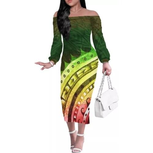 Women Slash Neck Bodycon Maxi Dress Sexy Polynesian Tribal Vintage Hawaii Princess Dresses 2021 Autumn Long Sleeve Clothes