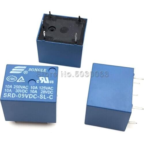 2PCS/LOT SRD-09VDC-SL-C 5pin Songle relay 5-foot 10A high current T73-9V five pin 5P Single-pole double-throw