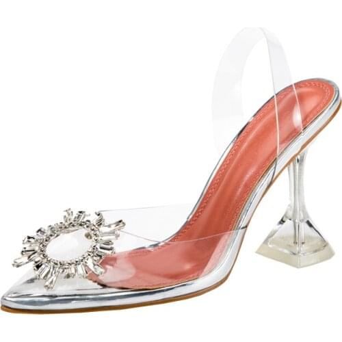 Free shipping hot sale sexy lady clear pvc strass crystal point toe slingback high heels sandals