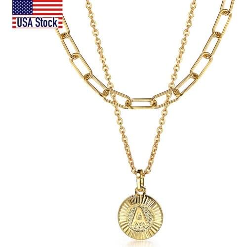 Vintage Gold Color Coin Circle Letter Choker for Women Girls Geometric 26 Alphabet Charm Rolo Box Chain Necklaces 2pcs/Set