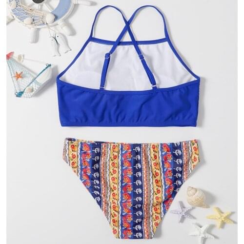 Childrens Swimsuit Blue Suspenders Printed Swimming Trunks Split Bikini Wading Sports Swimming Hot Spring Swimwear