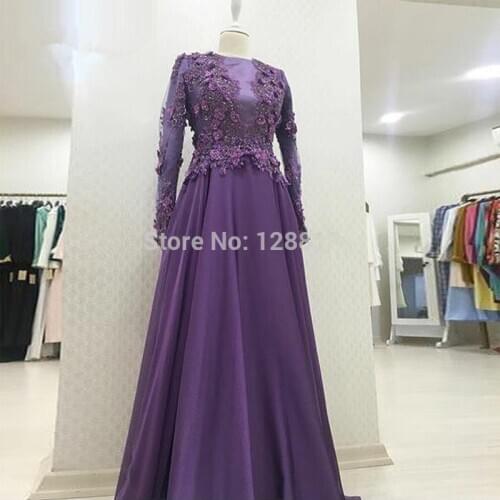 Elegant Muslim Evening Dresses A-line Long Sleeves Flowers Beaded Dubai Saudi Arabic Long Formal Evening Gown