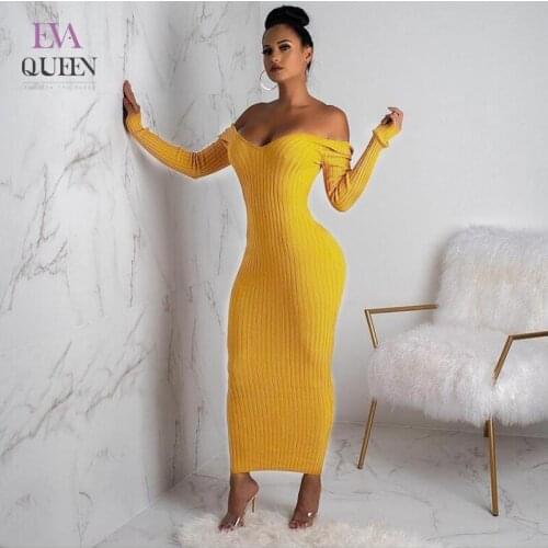 EvaQueen Knitted Bodycon Maxi Dress Women V Neck Sweater Sexy Dress Long Sleeve Winter Bandage Dresses Maxi Slim Party Dress
