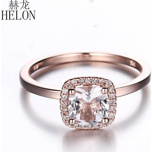 HELON Solid 14K Rose Gold AU585 Certified Cushion 6mm Genuine Natural Morganite Ring Women Diamonds Engagement Wedding Ring Gift