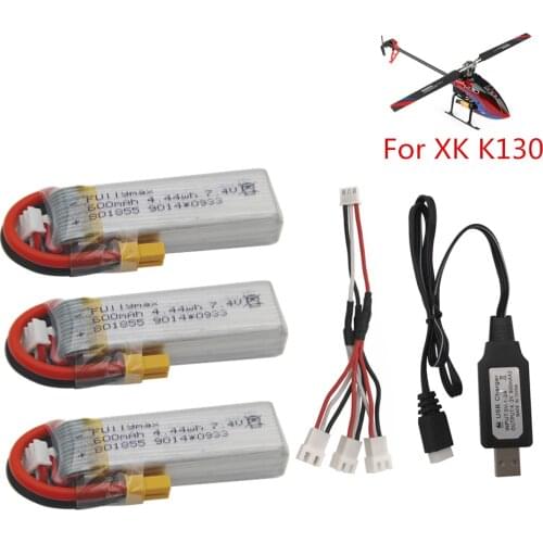 7.4V 600mAh Lipo Battery For XK K130 RC Helicopter Spare Parts Accessories XK K130 Battery With 1 to 3 adapter wire and Charger