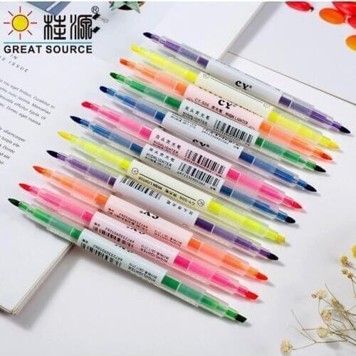 Assorted Color Highlighter Pen Double-Head Round & Oblique Tip-Multi Pieces Pack(2Sets)