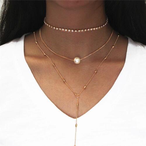 Fashion Multi Layer Imitation Pearl Chain Necklaces Jewelry for Women Popular Three Layers Crystal Choker Necklace Jewellery