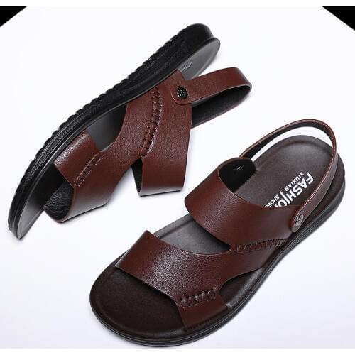 Yomior New Genuine Cow Leather Summer Men Shoes Casual Slip-On Travel Beach Sandals Famous Brand Slippers Flip Flop Black Brown